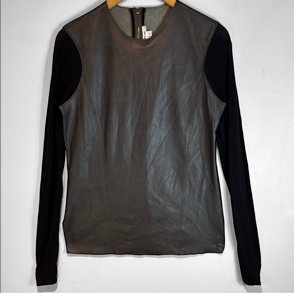 Helmut Lang Black Genuine Lamb Leather Sheer Arm Top Blouse Sz S